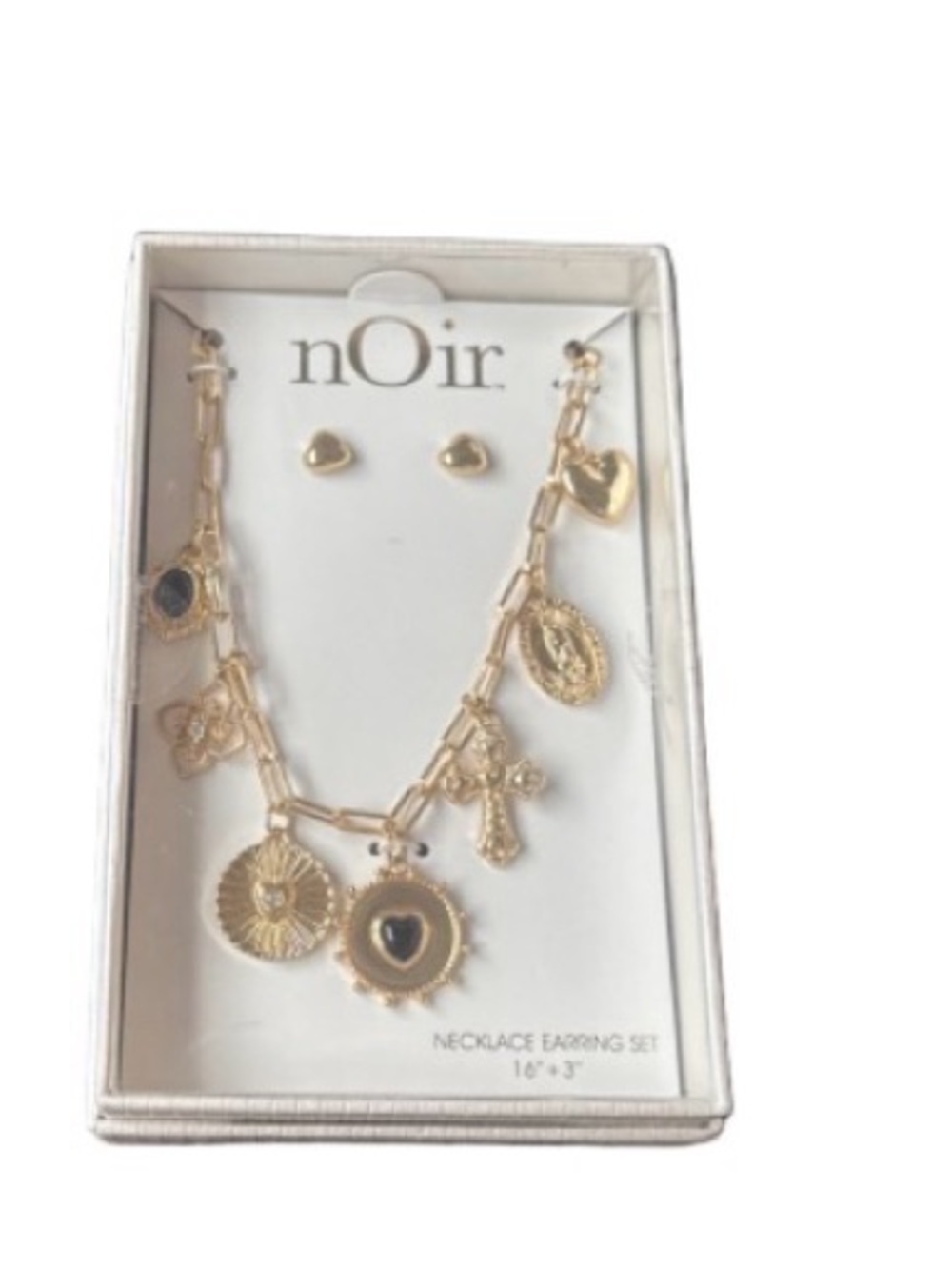 nOir Jewelry Gold Charm Necklace and Heart Stud Earring Set